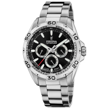 Αδιάβροχο ρολόι Festina F20623/4 με χρονογράφο, ασημί μπρασελέ, μαύρο καντράν με ένδειξη ημερομηνίας και στεφάνι διαμέτρου 44,7mm.